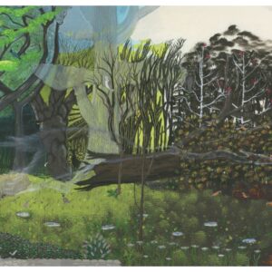 A painting of trees and birds.